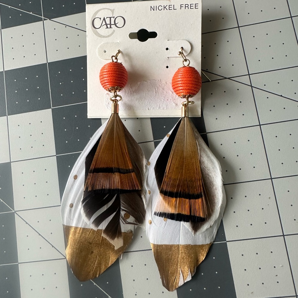 Cato Orange and Gold Feather Earrings